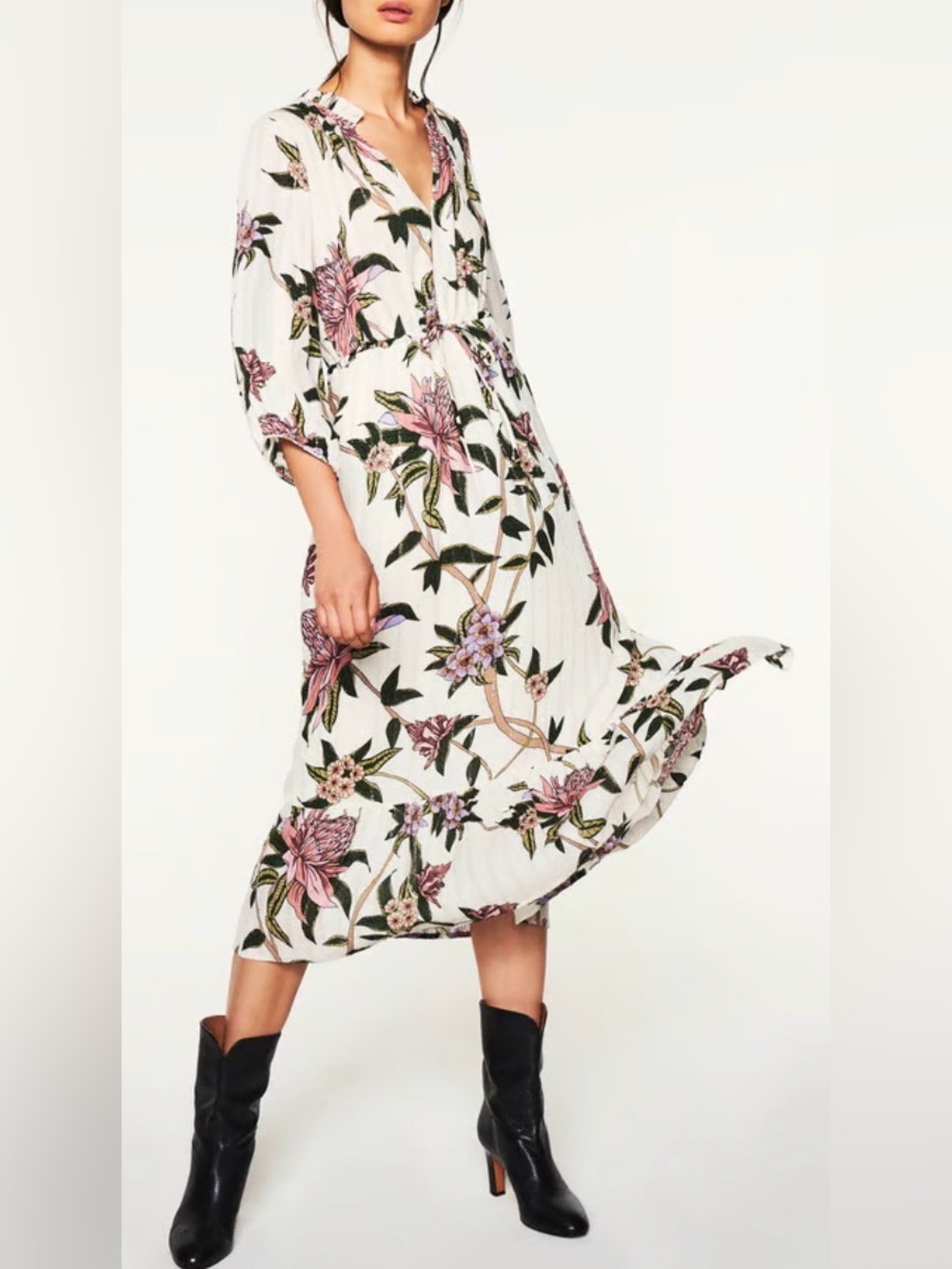 Stunning BA&SH Floral V-Neck Midi Dress in White with Pink & Green Print